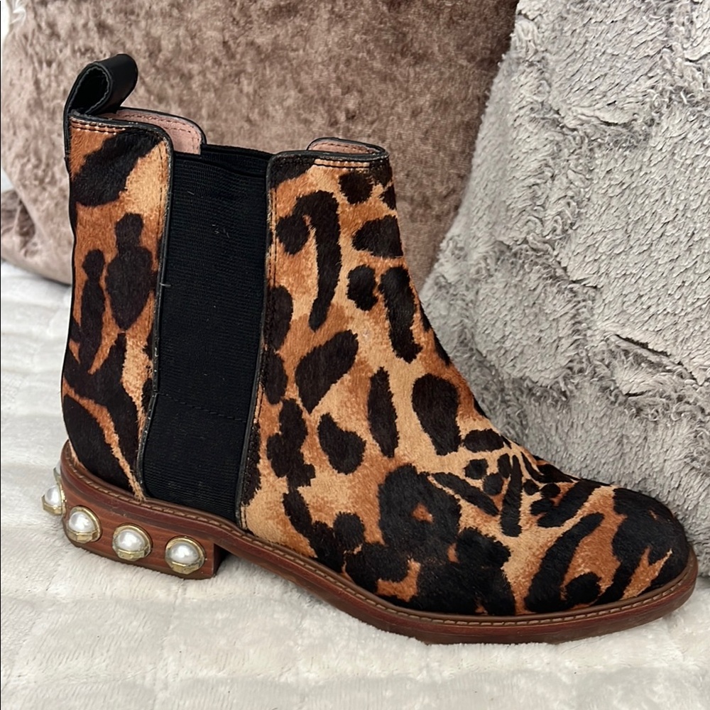 Leopard Print Ankle Boots with Pearl Detail